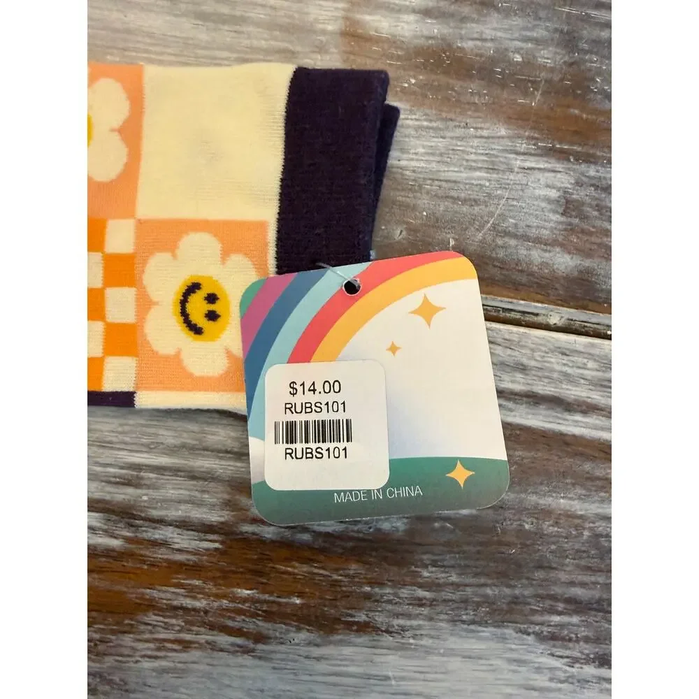 Rainbow Unicorn Birthday Surprise Socks with Flowers and Happy Faces One Size